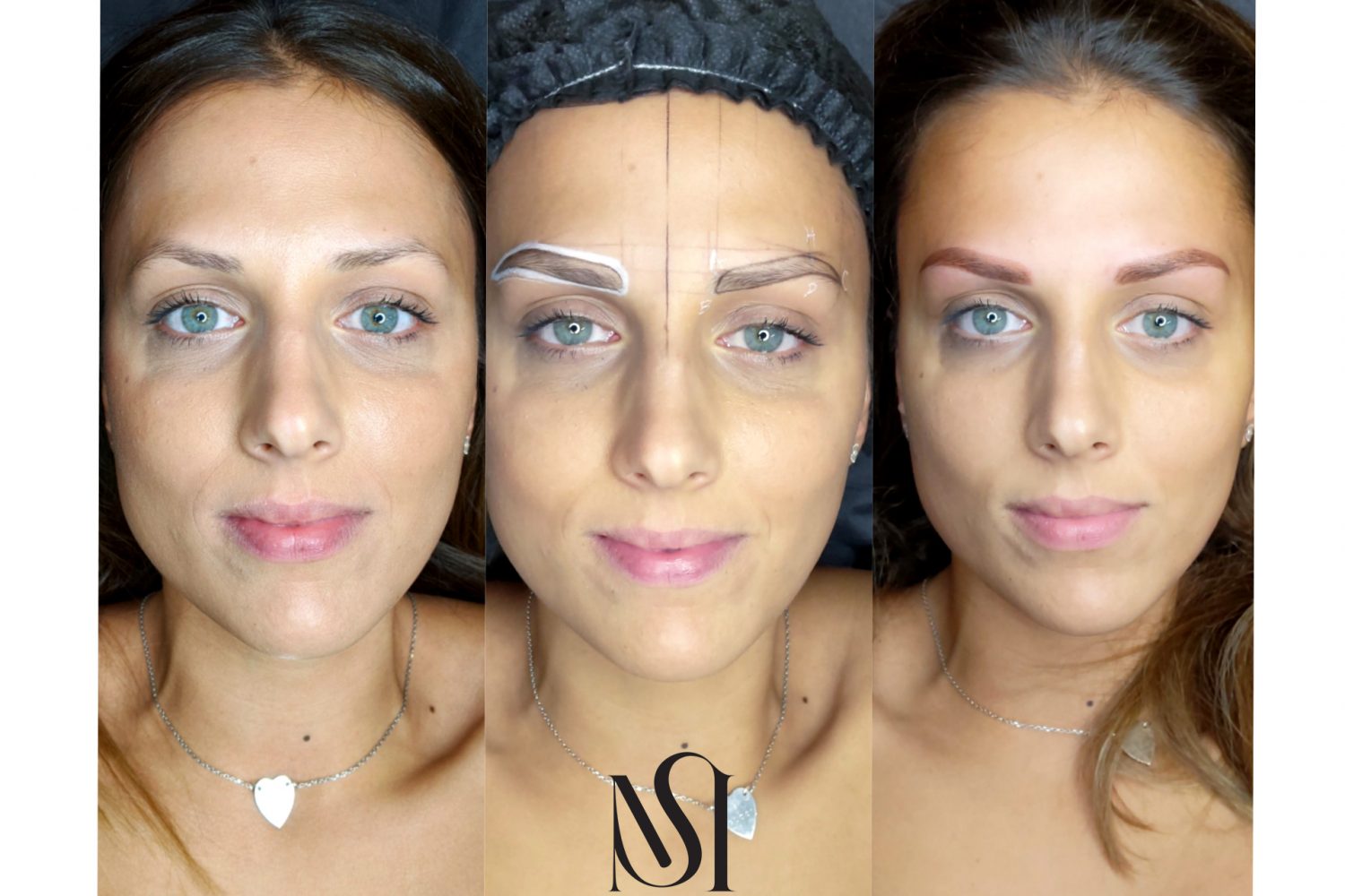 Sopracciglia realizzate sulla modella con il trucco permanente durante il corso base