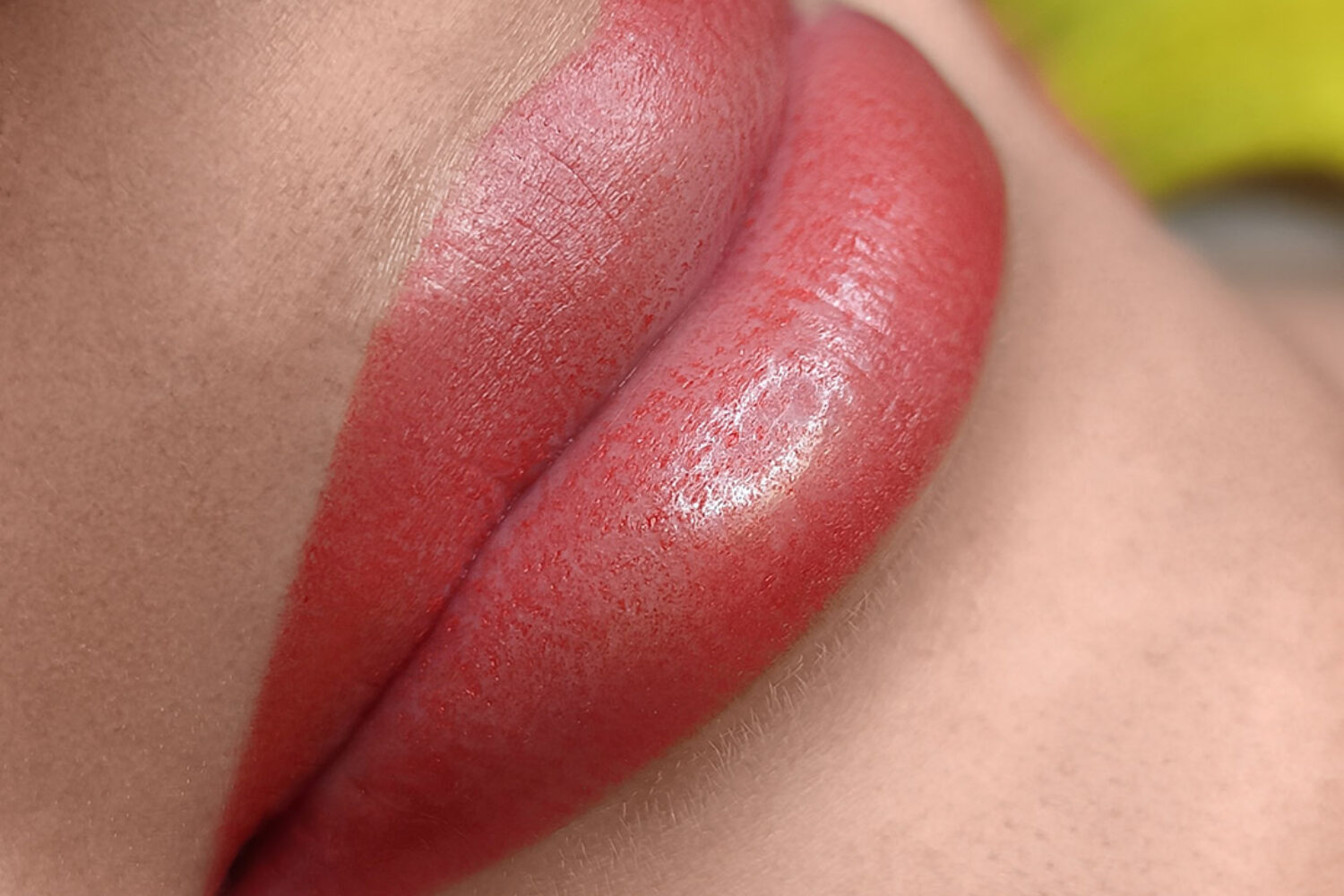 Tatuaggio labbra con riempimento totale dal colore molto deciso, per un effetto rossetto coprente
